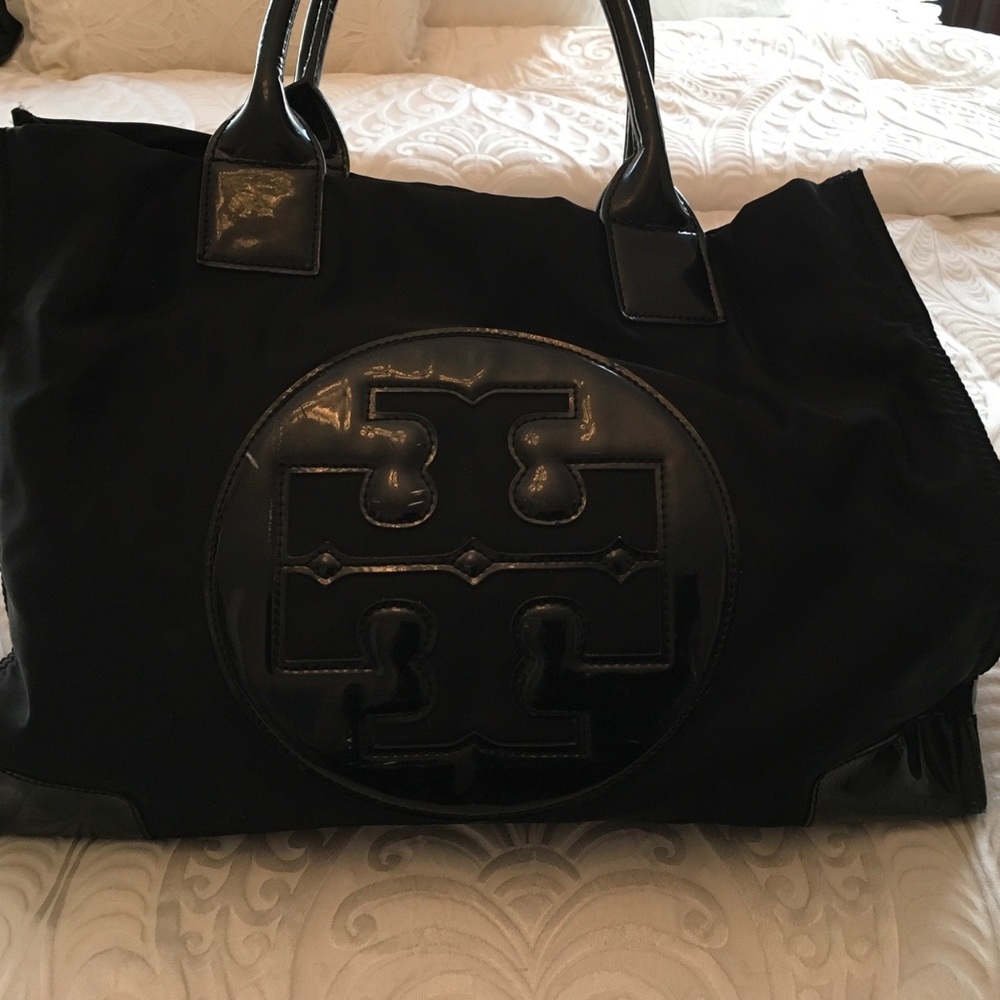 Tory Burch Black Logo Nylon Tote with Patent Trim